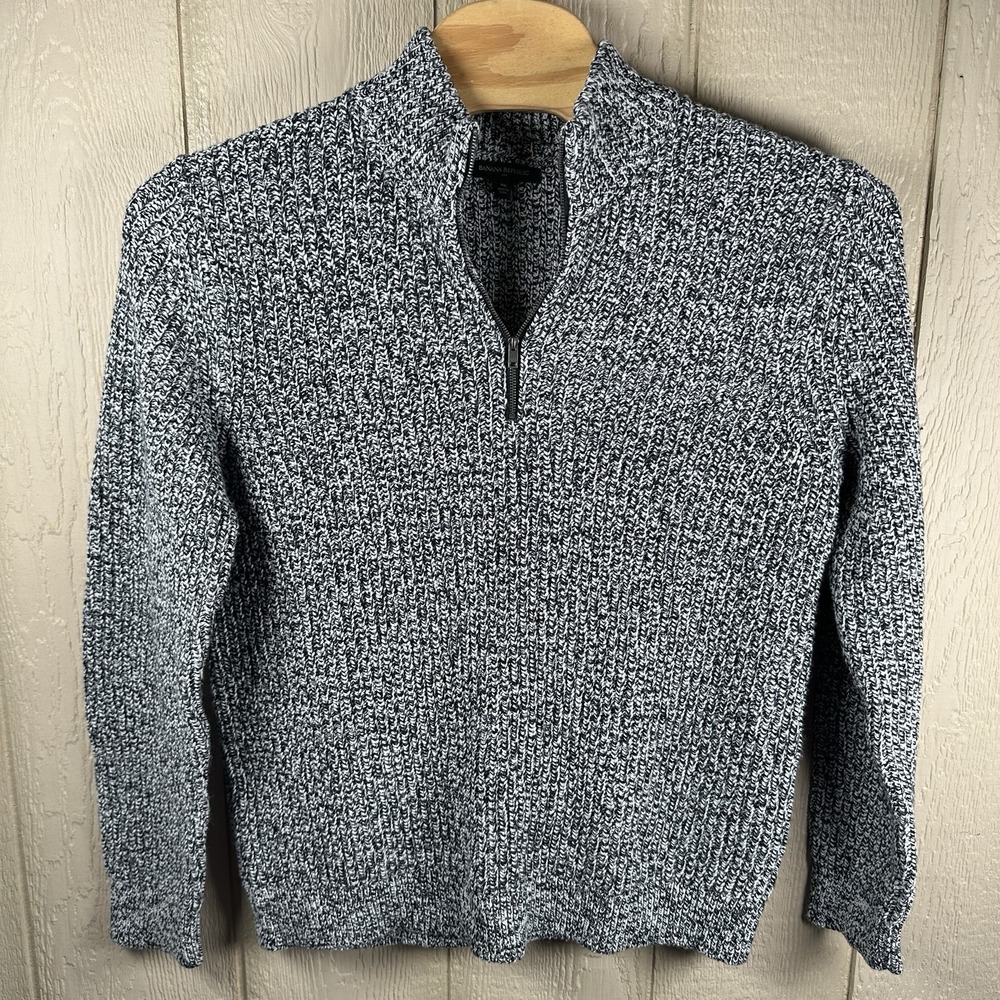 Banana Republic Wool Blend 1/4 Zip Chunky Sweater Mens XL Black White Textured
